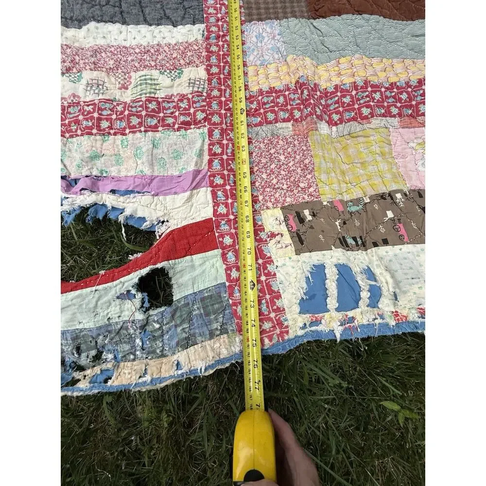 Antique Vtg 1920’s CRAZY QUILT Multi-Color Feed Sack Cowboys 78” **Needs Repair